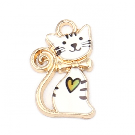 Picture of Zinc Based Alloy Charms Cat Animal Gold Plated Multicolor Enamel 22mm x 13mm, 10 PCs