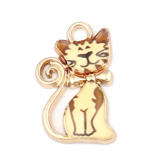 Picture of Zinc Based Alloy Charms Cat Animal Gold Plated Yellow Enamel 22mm x 13mm, 10 PCs