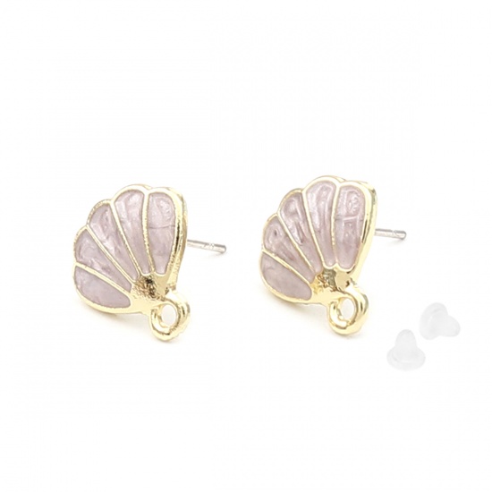 Picture of Ear Post Stud Earrings Findings Shell Gold Plated Silver-gray W/ Loop 12mm x 12mm, Post/ Wire Size: (21 gauge), 6 PCs