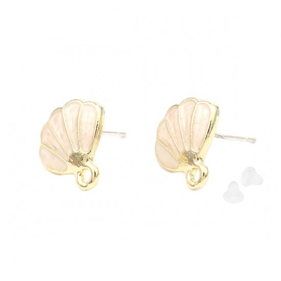 Picture of Ear Post Stud Earrings Findings Shell Gold Plated Creamy-White W/ Loop 12mm x 12mm, Post/ Wire Size: (21 gauge), 6 PCs