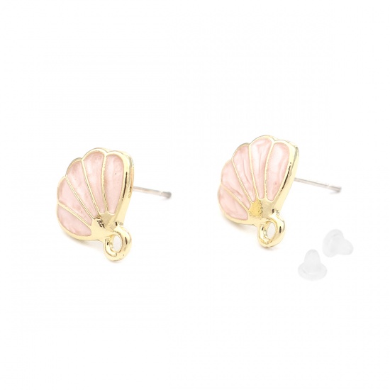 Picture of Ear Post Stud Earrings Findings Shell Gold Plated Light Pink W/ Loop 12mm x 12mm, Post/ Wire Size: (21 gauge), 6 PCs