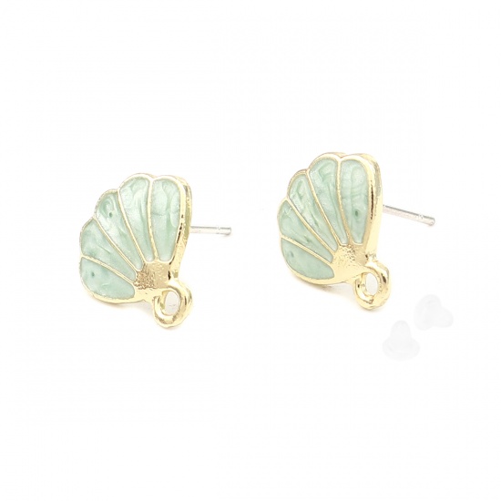 Picture of Ear Post Stud Earrings Findings Shell Gold Plated Light Green W/ Loop 12mm x 12mm, Post/ Wire Size: (21 gauge), 6 PCs