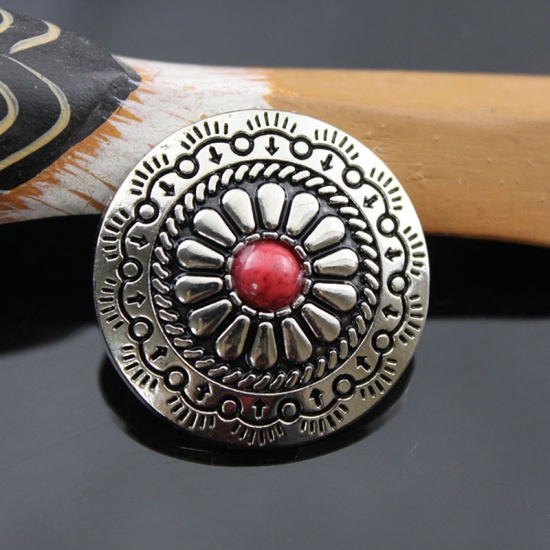 Immagine di Lega di Zinca + Acrilato Metallo Bottone a Pressione Tondo Rosso Fiore Disegno Turchese Imitato 30mm Dia, 2 Pz