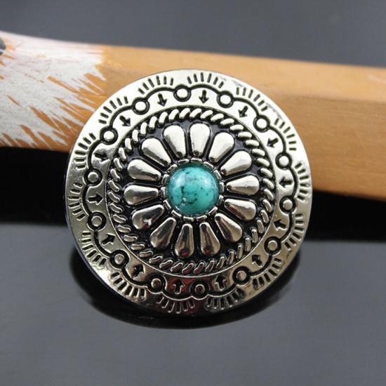 Immagine di Lega di Zinca + Acrilato Metallo Bottone a Pressione Argento Antico Verde Tondo Fiore Turchese Imitato 30mm Dia, 2 Pz