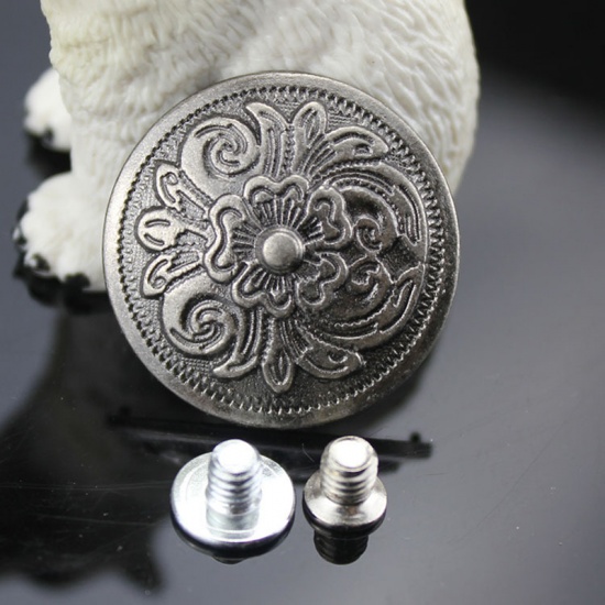 Immagine di Lega di Zinca + Acrilato Metallo Bottone a Pressione Tondo Argento Antico Fiore Disegno 26mm Dia, 2 Pz