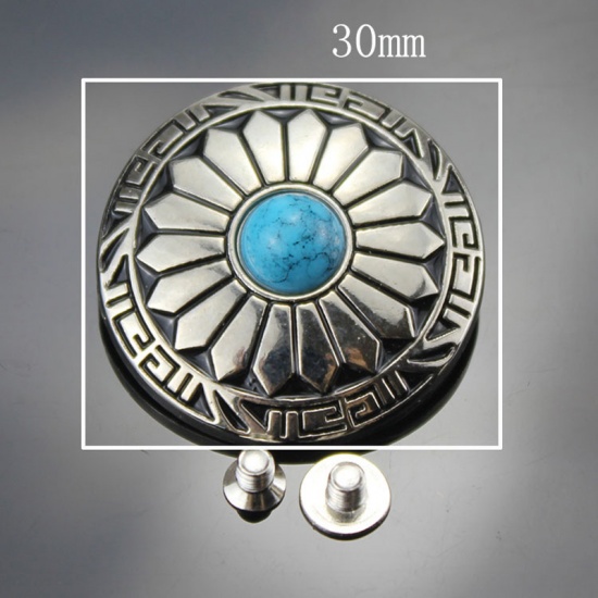 Immagine di Lega di Zinca + Acrilato Metallo Bottone a Pressione Tondo Blu Camelia Disegno Turchese Imitato 30mm Dia, 2 Pz