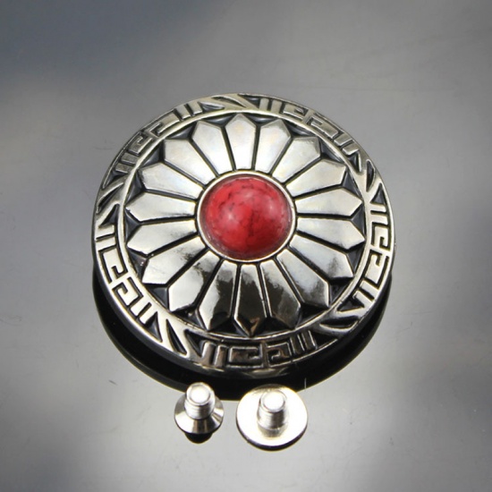 Immagine di Lega di Zinca + Acrilato Metallo Bottone a Pressione Tondo Rosso Camelia Disegno Turchese Imitato 30mm Dia, 2 Pz