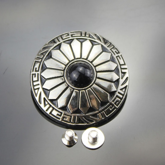 Immagine di Lega di Zinca + Acrilato Metallo Bottone a Pressione Tondo Nero Camelia Disegno Turchese Imitato 30mm Dia, 2 Pz