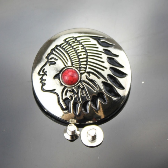 Immagine di Lega di Zinca + Acrilato Metallo Bottone a Pressione Capo Indiano Rosso Tondo Disegno Turchese Imitato 30mm Dia, 2 Pz