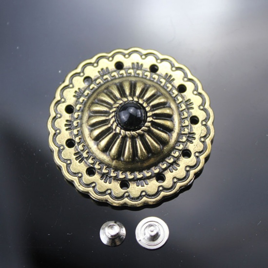 Immagine di Lega di Zinca + Acrilato Metallo Bottone a Pressione Tondo Colore di Ottone Nero Turchese Imitato 35mm Dia, 2 Pz