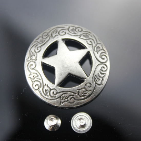 Immagine di Lega di Zinca + Acrilato Metallo Bottone a Pressione Tondo Argento Antico Stella a Cinque Punte Disegno 28mm Dia, 2 Pz