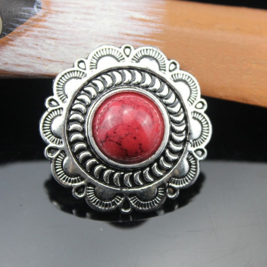 Immagine di Lega di Zinca + Acrilato Metallo Bottone a Pressione Tondo Rosso Fiore Disegno Turchese Imitato 25mm Dia, 2 Pz