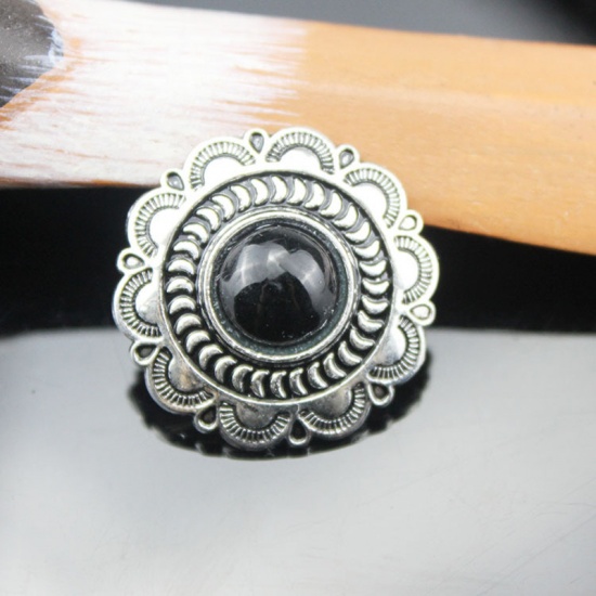 Immagine di Lega di Zinca + Acrilato Metallo Bottone a Pressione Tondo Nero Fiore Disegno Turchese Imitato 25mm Dia, 2 Pz