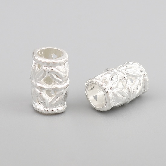 Picture of Zinc Based Alloy Spacer Beads Cylinder Silver Plated Carved Pattern About 9mm x 6mm, Hole: Approx 3.7mm, 100 PCs