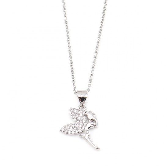 Picture of 304 Stainless Steel Fairy Tale Collection Necklace Silver Tone Fairy Clear Cubic Zirconia 45cm(17 6/8") - 44cm(17 3/8") long, 1 Piece