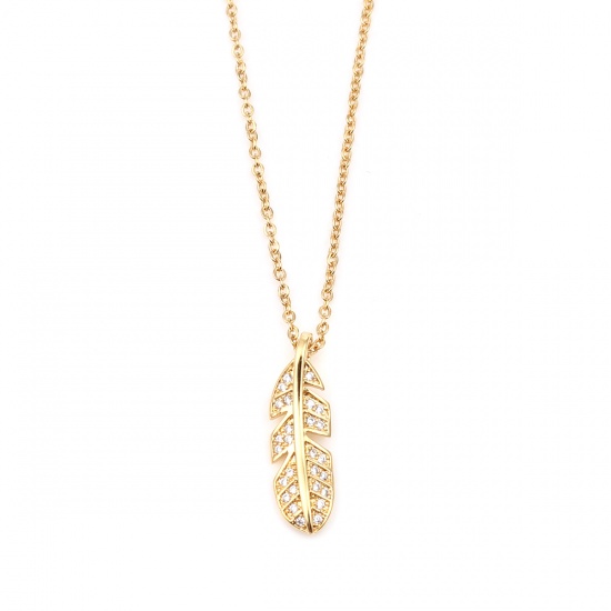 Picture of 304 Stainless Steel Necklace Gold Plated Feather Clear Cubic Zirconia 45cm(17 6/8") - 44cm(17 3/8") long, 1 Piece