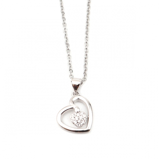 Picture of 304 Stainless Steel Necklace Silver Tone Heart Clear Cubic Zirconia 45cm(17 6/8") - 44cm(17 3/8") long, 1 Piece