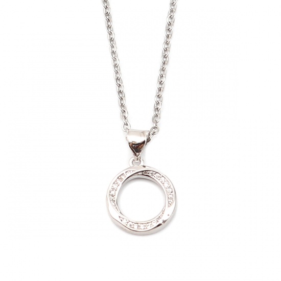 Picture of 304 Stainless Steel Necklace Silver Tone Circle Ring Clear Cubic Zirconia 45cm(17 6/8") - 44cm(17 3/8") long, 1 Piece