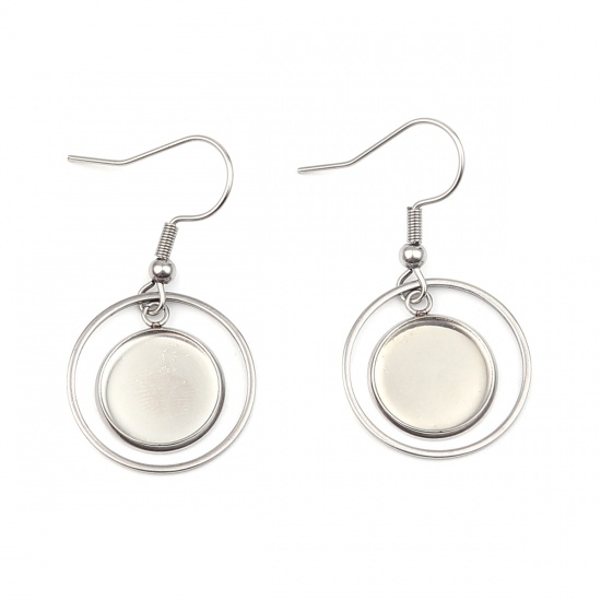 Imagen de Stainless Steel Earrings Round Silver Tone Cabochon Settings (Fits 12mm Dia.) 37mm x 20mm, Post/ Wire Size: (22 gauge), 4 PCs