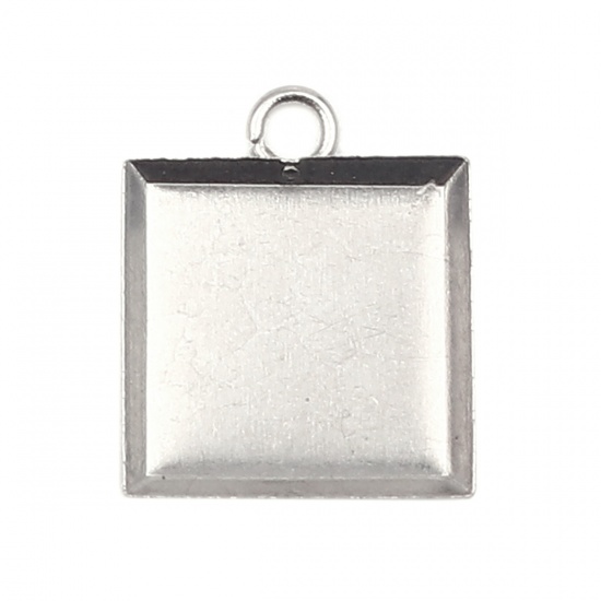 Bild von Edelstahl Charms Quadrat Silberfarbe Cabochon Fassung (für 11mmx11mm) 13mm x 11mm, 10 Stück