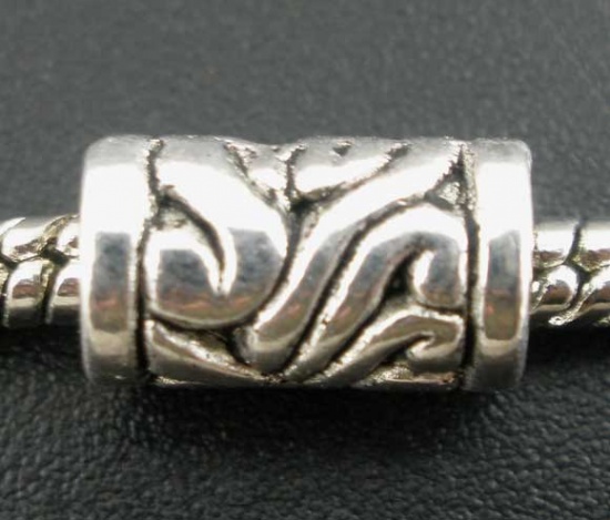 Picture of Zinc Metal Alloy European Style Large Hole Charm Beads Cylinder Antique Silver Stripe Pattern About 11mm x 6mm, Hole: Approx 4.5mm, 50 PCs