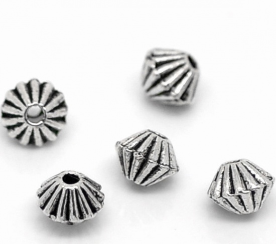 Picture of Zinc Based Alloy Spacer Beads Bicone Antique Silver Stripe Carved About 5mm x 4mm, Hole: Approx 1.5mm, 200 PCs
