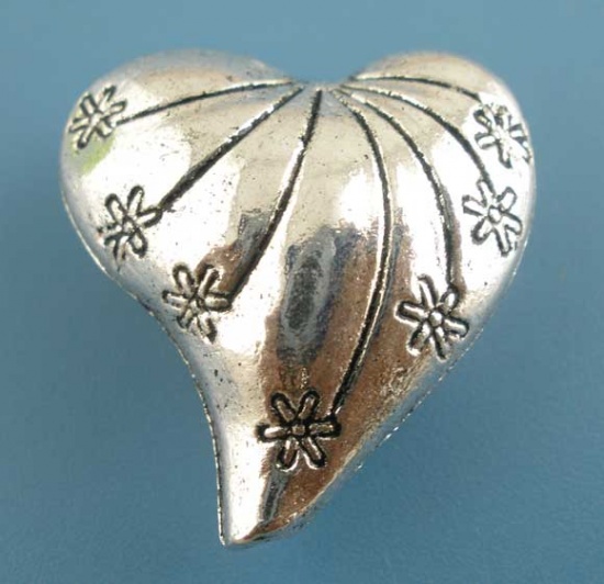 Picture of Zinc Based Alloy Spacer Beads Heart Antique Silver Flower Carved About 25mm x 24mm, Hole:Approx 1.9mm, 5 PCs