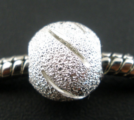Picture of Copper European Style Large Hole Charm Beads Round Silver Plated Stripe Carved Sparkledust About 10mm Dia, Hole: Approx 4.8mm, 50 PCs