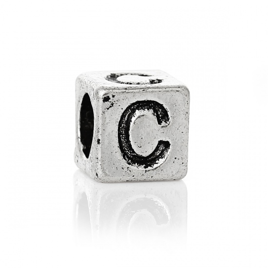 Picture of Zinc Metal Alloy European Style Large Hole Charm Beads Cube Antique Silver Alphabet/Letter "C" Carved About 7mm x 7mm, Hole: Approx 4.7mm, 20 PCs