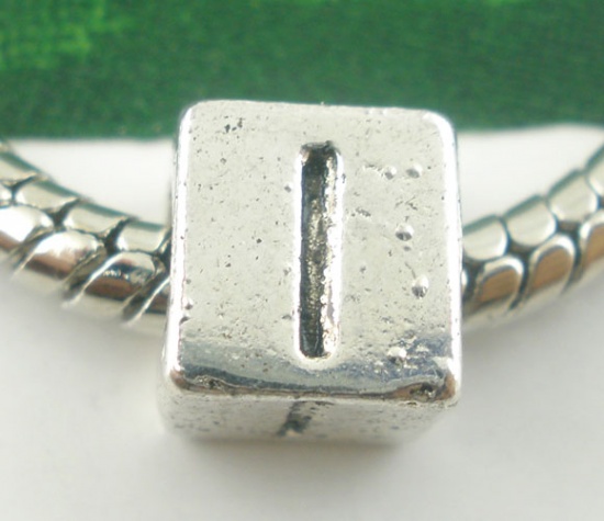 Picture of Zinc Metal Alloy European Style Large Hole Charm Beads Cube Antique Silver Alphabet/Letter "I" Carved About 7mm x 7mm, Hole: Approx 4.7mm, 20 PCs
