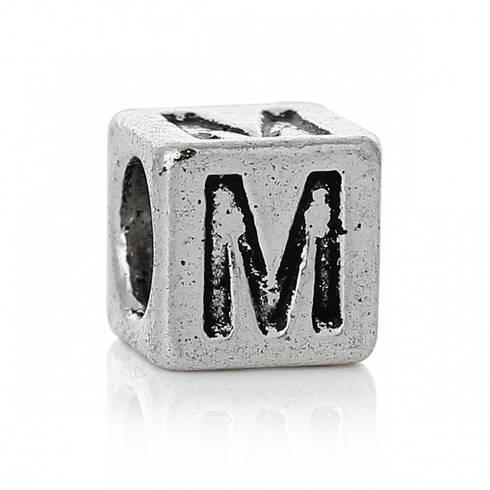 Picture of Zinc Metal Alloy European Style Large Hole Charm Beads Cube Antique Silver Alphabet/Letter "M" Carved About 7mm x 7mm, Hole: Approx 4.7mm, 20 PCs
