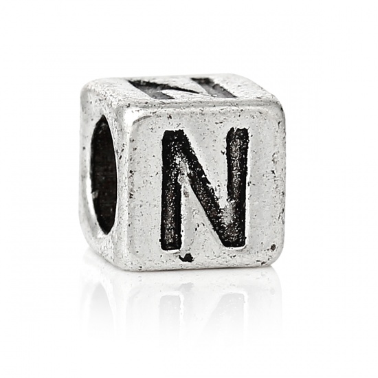 Picture of Zinc Metal Alloy European Style Large Hole Charm Beads Cube Antique Silver Alphabet/Letter "N" Carved About 7mm x 7mm, Hole: Approx 4.7mm, 20 PCs