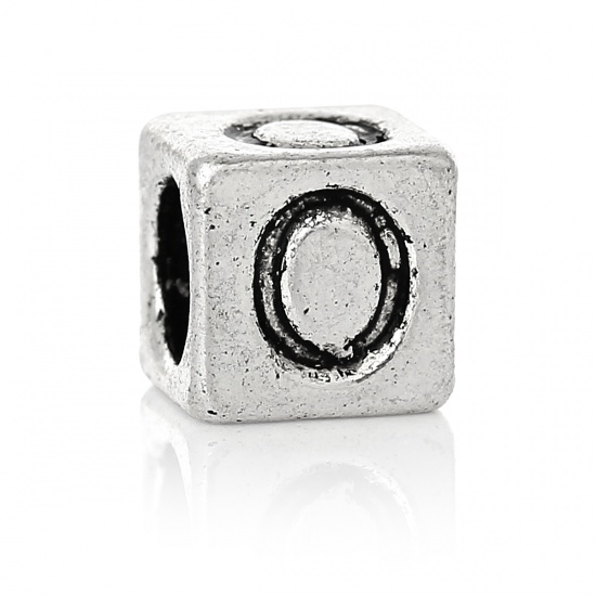 Picture of Zinc Metal Alloy European Style Large Hole Charm Beads Cube Antique Silver Alphabet/Letter "O" Carved About 7mm x 7mm, Hole: Approx 4.7mm, 20 PCs