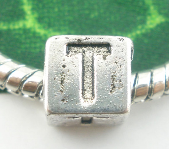Picture of Zinc Metal Alloy European Style Large Hole Charm Beads Cube Antique Silver Alphabet/Letter "T" Carved About 7mm x 7mm, Hole: Approx 4.7mm, 20 PCs