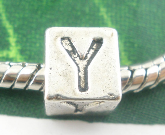 Picture of Zinc Metal Alloy European Style Large Hole Charm Beads Cube Antique Silver Alphabet/Letter "Y" Carved About 7mm x 7mm, Hole: Approx 4.7mm, 20 PCs