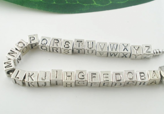 Picture of Zinc Based Alloy European Style Large Hole Charm Beads Cube Antique Silver Letter Mixed Carved About 7mm x 7mm, Hole: Approx 4.7mm, 26 PCs