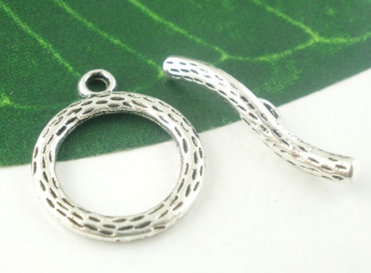 Picture of Zinc Based Alloy Toggle Clasps Round Antique Silver Color Spot Carved 22mm x 19mm 26mm x 5mm, 20 Sets