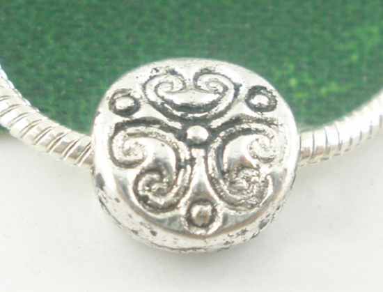 Picture of Zinc Based Alloy Spacer Beads Flat Round Antique Silver Carved About 7mm Dia, Hole:Approx 1.5mm, 100 PCs