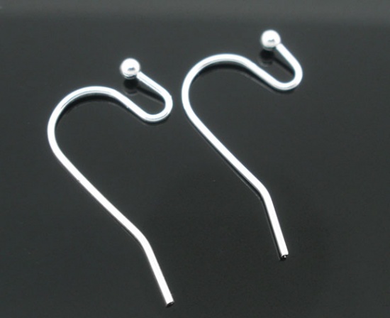 Picture of Copper Ear Wire Hooks Earring Findings Silver Plated Ball 21mm( 7/8") x 12mm( 4/8"), Post/ Wire Size: (21 gauge), 200 PCs