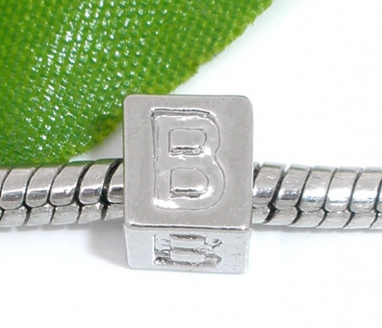 Picture of Zinc Metal Alloy European Style Large Hole Charm Beads Cube Silver Tone Alphabet/Letter "B" Carved 7x6mm, 30 PCs