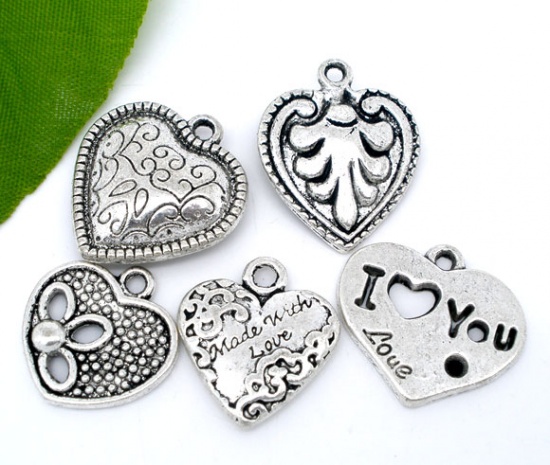 Picture of 20 PCs Mixed Antique Silver Valentine Heart Charms Pendants