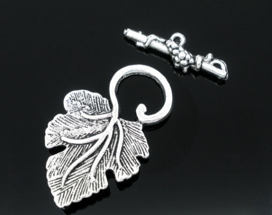 Picture of Zinc Based Alloy Toggle Clasps Grape Leaf Antique Silver 37mm x 23mm 25mm x 8mm, 20 Sets