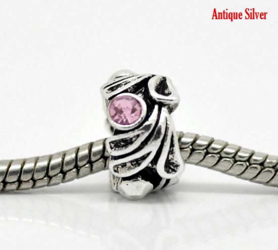 Picture of Zinc Metal Alloy European Style Large Hole Charm Beads Flower Antique Silver Pink Rhinestone About 12mm x 8mm, Hole: Approx 5.6mm, 10 PCs