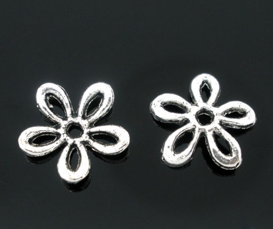 Bild von Zinklegierung Spacer Perlen Zwischenperlen Blumen Antiksilber ca. 11mm x 11mm, Loch:ca. 1.4mm, 100 Stück
