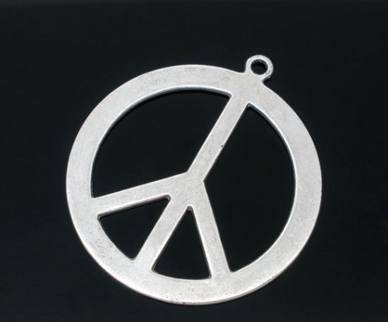 Picture of 10 Antique Silver Peace Sign Charm Pendants 44x40mm Findings