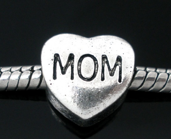 Picture of Zinc Metal Alloy European Style Large Hole Charm Beads Heart Antique Silver Message "MOM" Carved About 11mm x11mm, Hole: Approx 4.5mm, 20 PCs