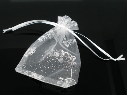 Picture of Organza Jewelry Bags Drawstring Rectangle White Butterfly Pattern 16cm x13cm(6 2/8" x5 1/8"), 50 PCs
