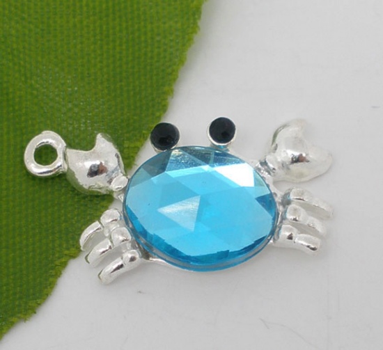 Picture of Ocean Jewelry Zinc Based Alloy Charms Crab Animal Silver Plated Lake Blue Acrylic Rhinestone 24mm x 13mm, 10 PCs
