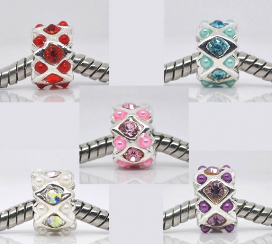 Picture of Zinc Metal Alloy European Style Large Hole Charm Beads Round Silver Plated Rhombus Carved Mixed Rhinestone Inlaid Acrylic About 11mm Dia, Hole: Approx 4.8mm, 10 PCs