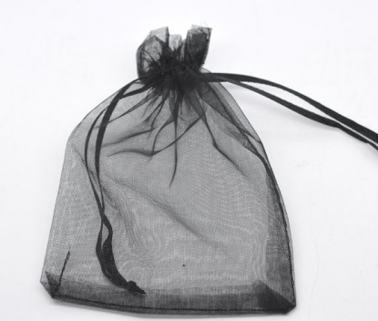 Picture of Organza Jewelry Bags Drawstring Rectangle Black 16cm x13cm(6 2/8" x5 1/8"), 50 PCs
